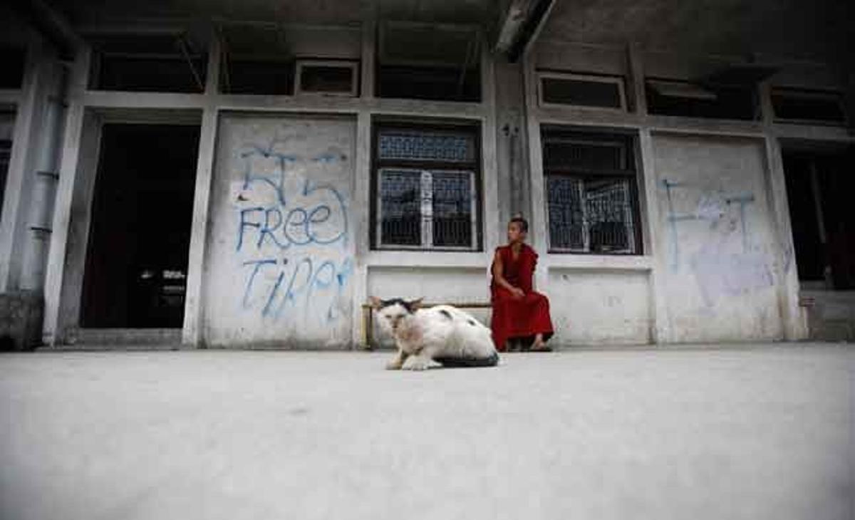 Un monjo tibetà seu al costat d’una pintada amb el lema ’Tibet lliure’ al Tibetan Youth Club de Kàtmandu (Nepal) durant la vaga de fam de 24 hores convocada per recolzar els compatriotes d’Aba (Xina).