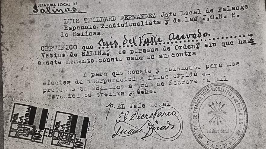 Extracto del documento que acredita que Luis Treillard fue jefe local de Falange, en Salinas, fechado el 3 de febrero de 1938.
