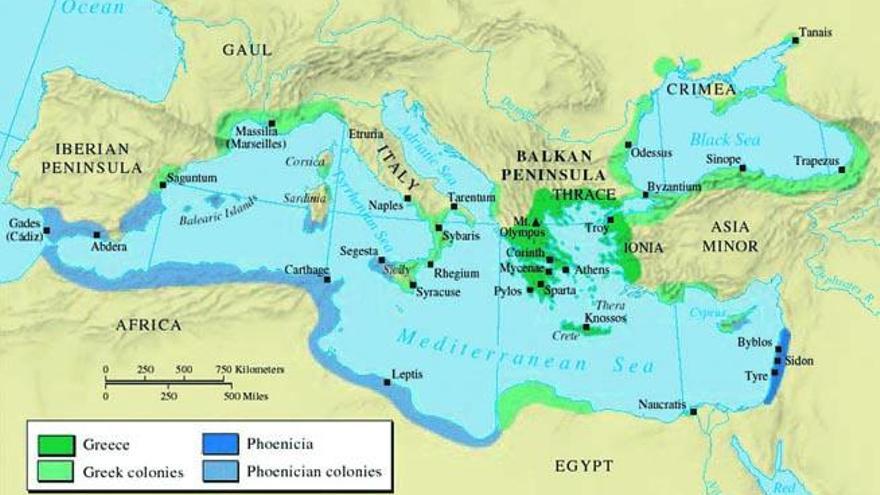 El mar Mediterráneo en la época de los fenicios y ruta seguida hasta Ibiza.