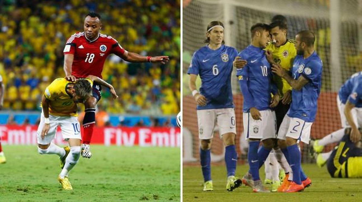 A l’esquerra, Zúñiga agredeix Neymar en els quarts del Mundial de l’any passat; a la dreta, el brasiler discuteix amb Murillo després del cop de pilota a Armero, divendres. A l’esquerra, Zúñiga agredeix Neymar en els quarts del Mundial de l’any passat; a la dreta, el brasiler discuteix amb Murillo després del cop de pilota a Armero, divendres.