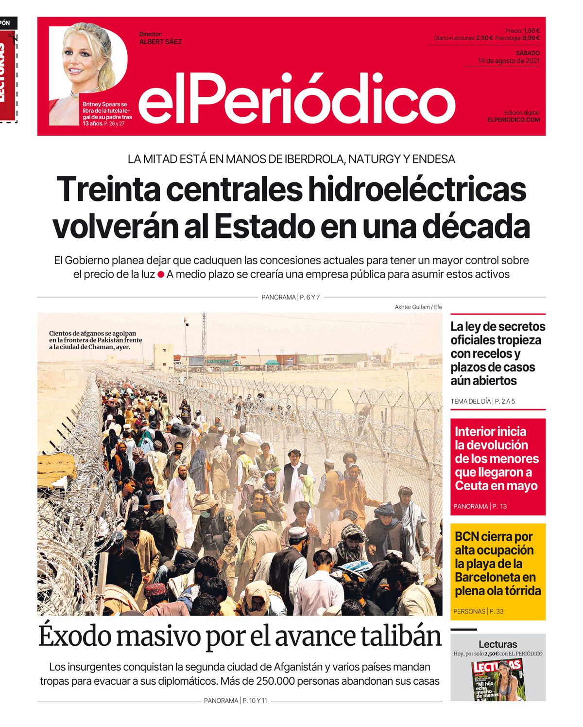 La portada d’EL PERIÓDICO del 14 d’agost del 2021