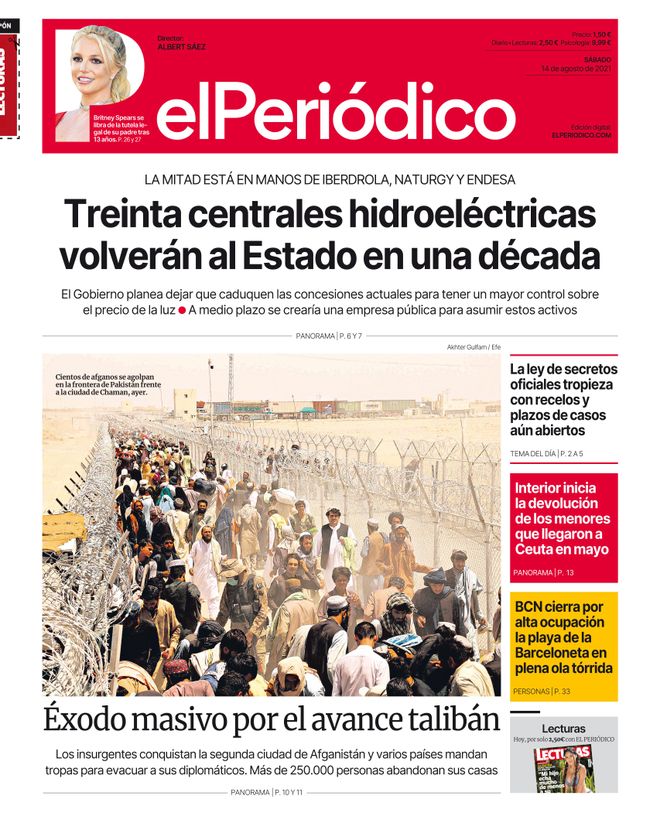 La portada d’EL PERIÓDICO del 14 d’agost del 2021