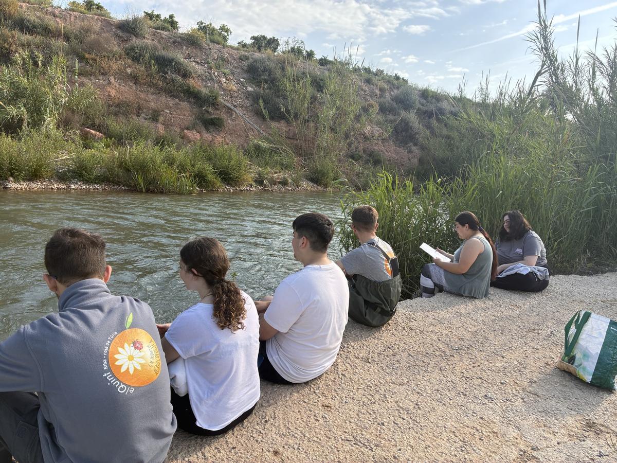 Alumnat del Grau Mitjà de Producció Agroecologia de l’IES El Quint de Riba-roja en una de les seues eixides al riu Túria per estudiar l'impacte de la dana en l'ecosistema fluvial.