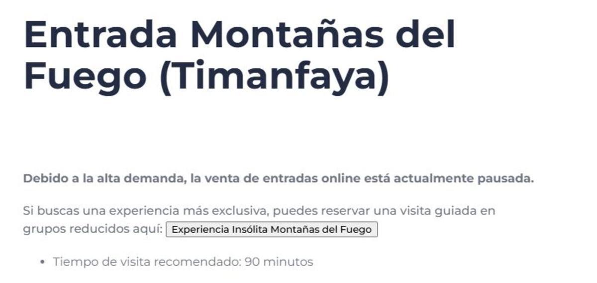 Captura, este miércoles, 2 de julio, de la web de reservas de entradas para acceder a las Montañas del Fuego.