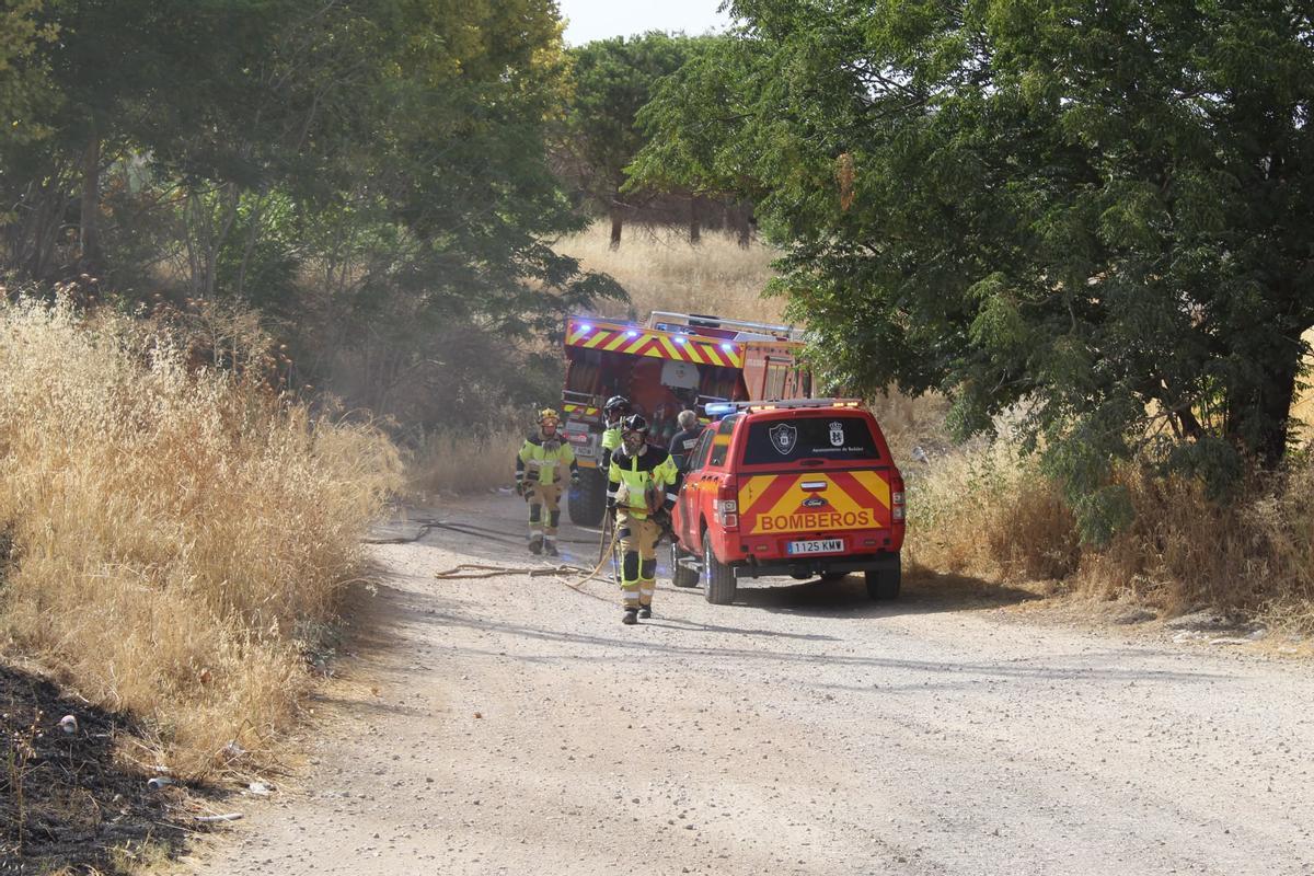 Varios bomberos trabajan en la zona incendiada junto en el parque del Rivillas de Badajoz junto a la avenida Manuel Rojas Torres.