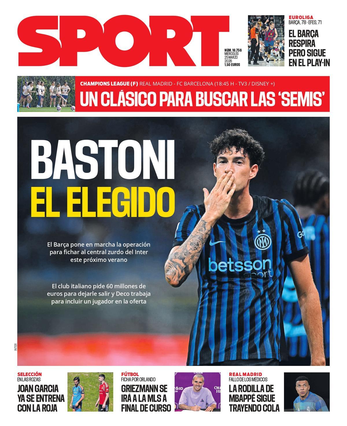 Esta es la portada de SPORT de hoy miércoles, 25 de marzo de 2026