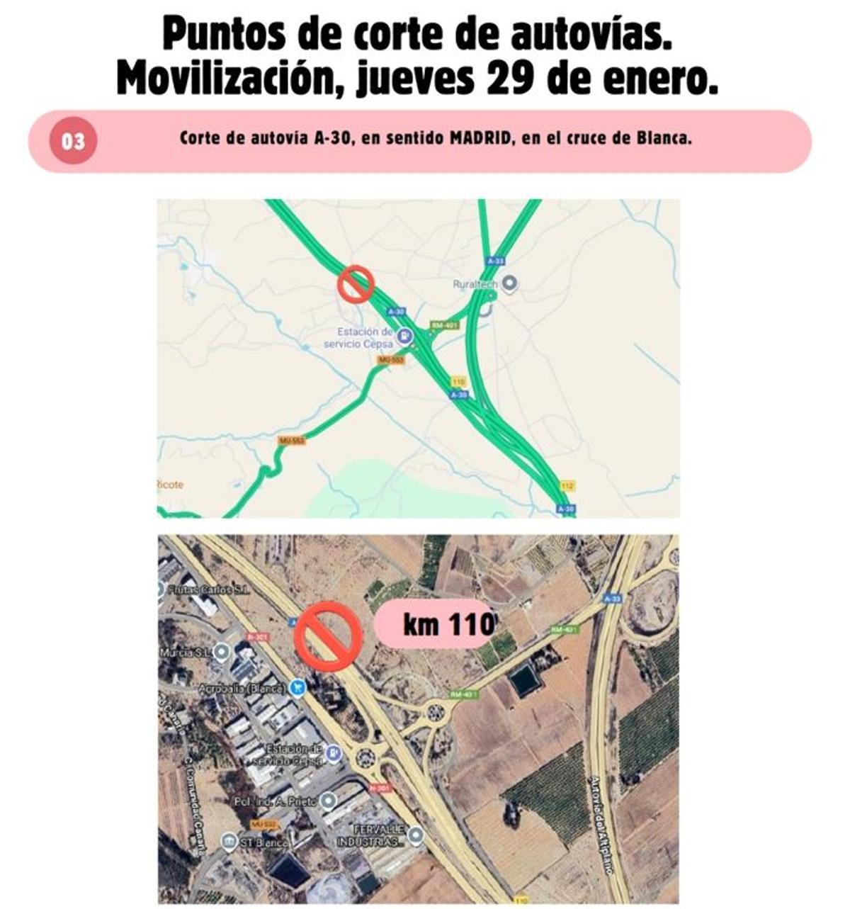 Puntos de corte de la autovía el jueves durante la tractorada en Murcia