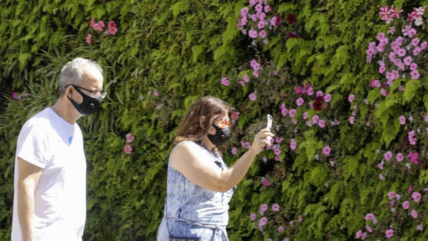 Dos ciudadanos con mascarillas pasean por Santa Cruz de Tenerife.