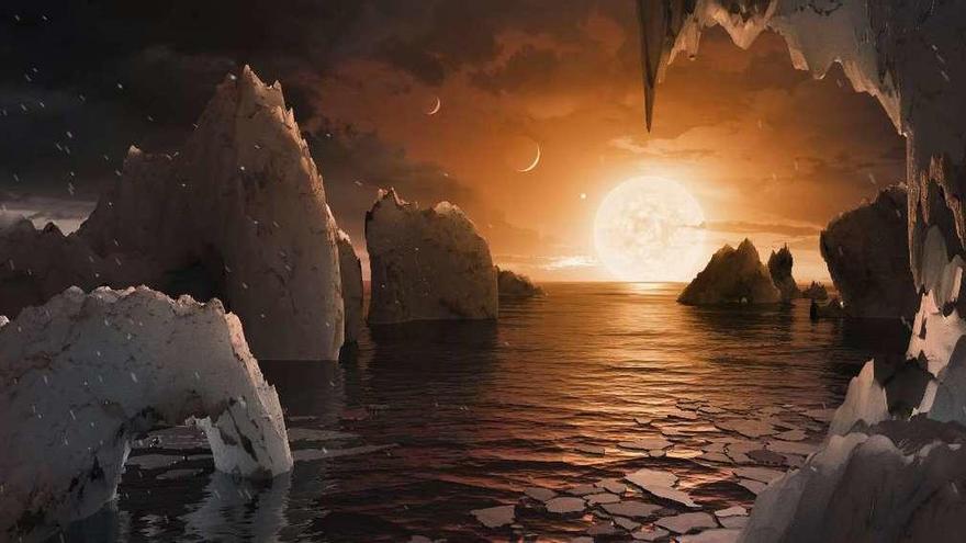 Concepto artístico de cómo podría ser la superficie del exoplaneta TRAPPIST-1f.  // Nasa