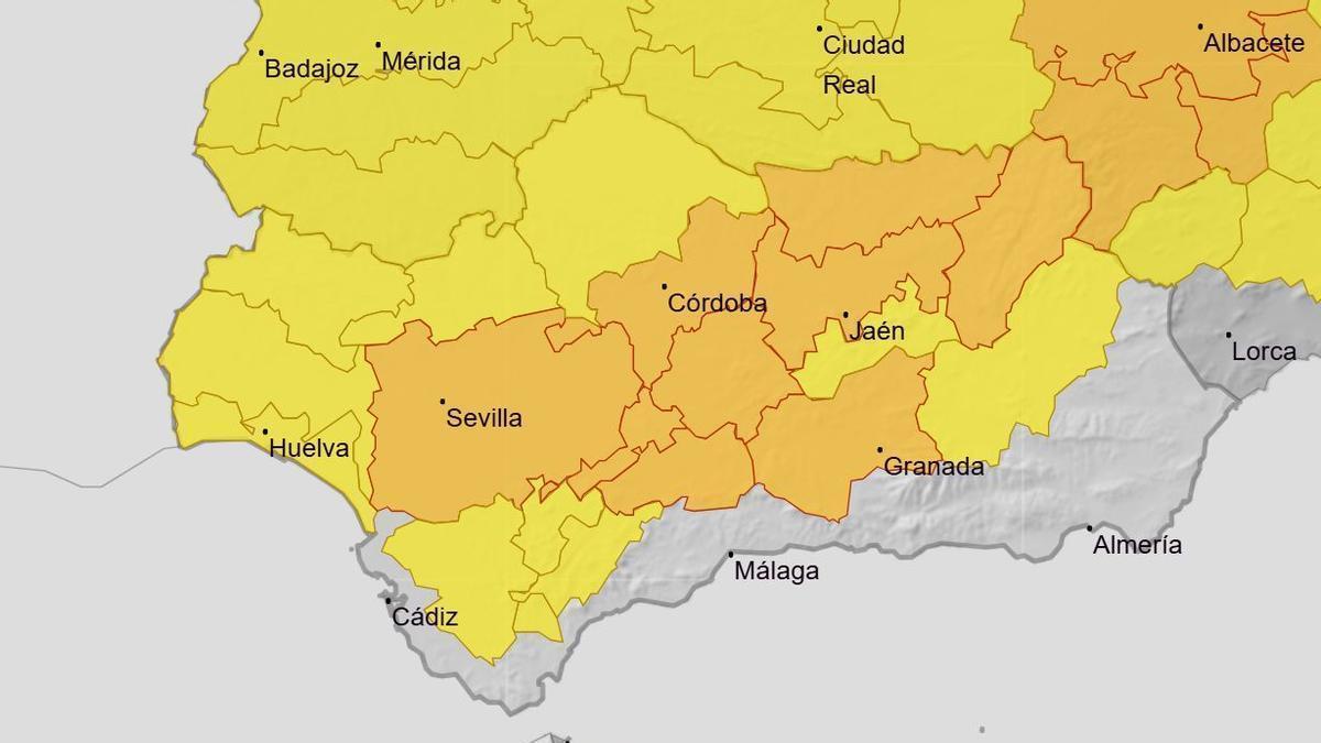 Mapa de la Aemet con las alertas por calor en Andalucía.