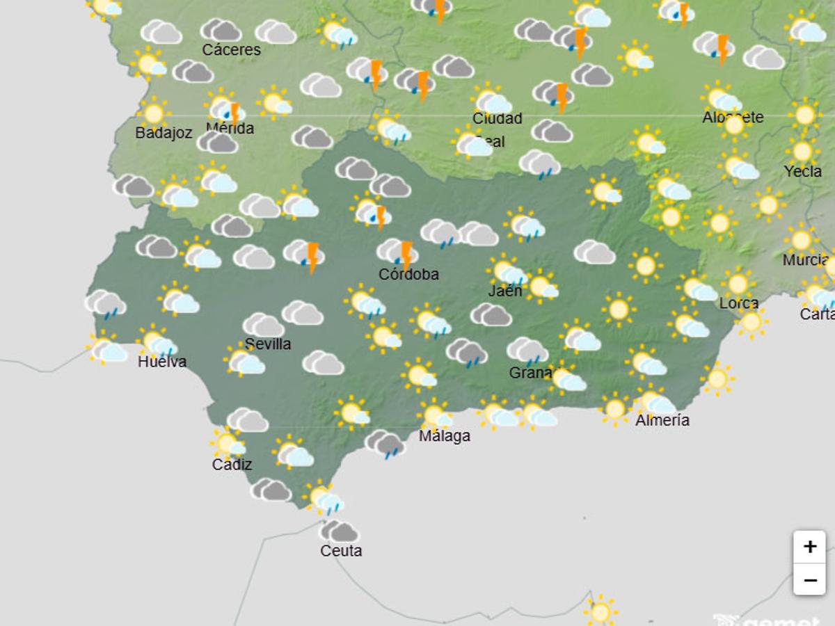 Lluvias el martes a las 12.00 horas en Andalucía.