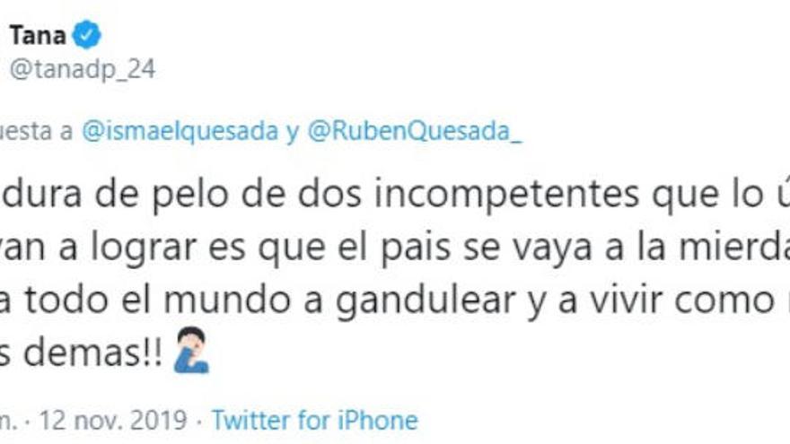 Pantallazo del tweet de Tana, jugador de la UD, sobre el acuerdo entre Sánchez e Iglesias.