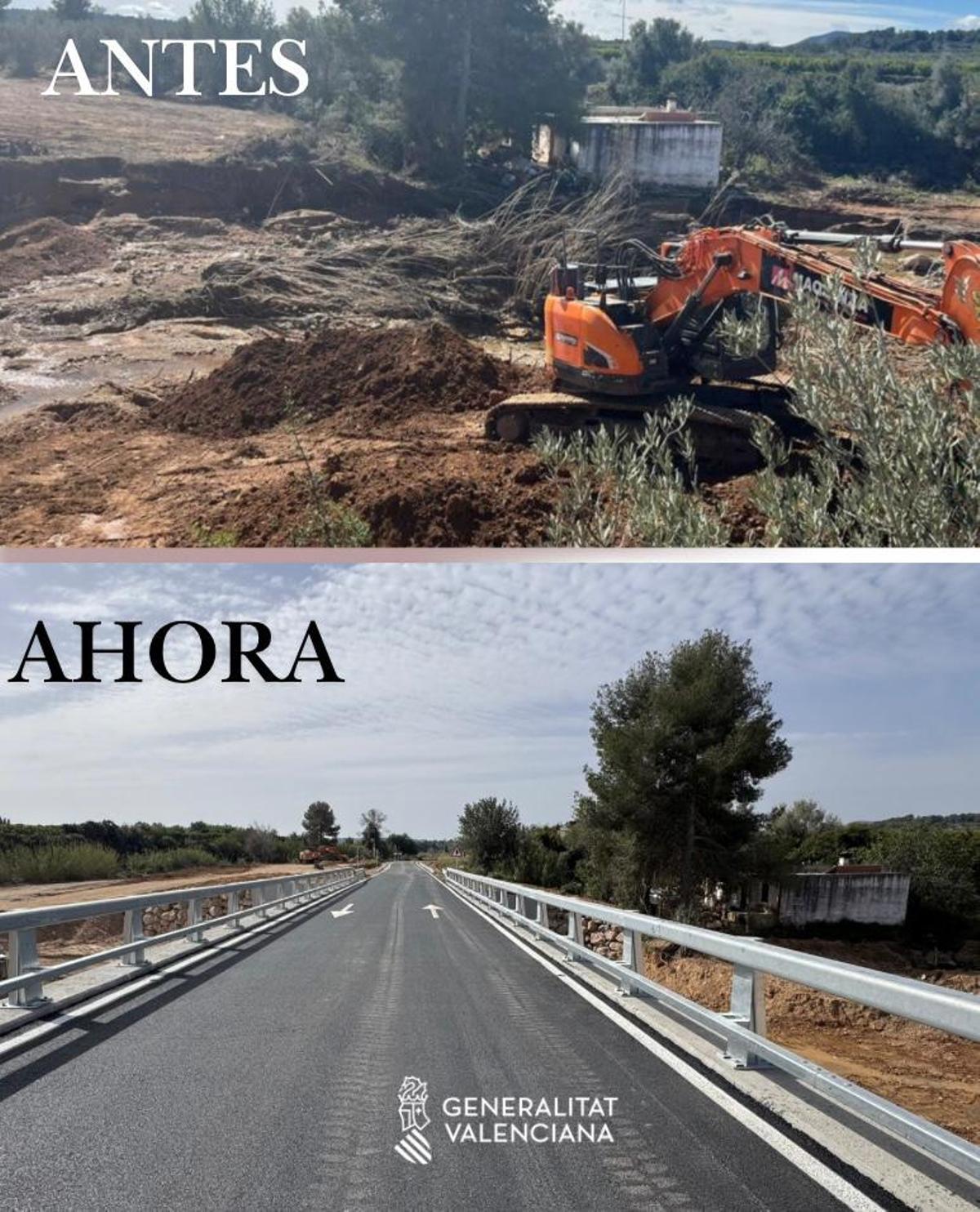 Comparativa del antes y después del puente de Pedralba tras la dana.