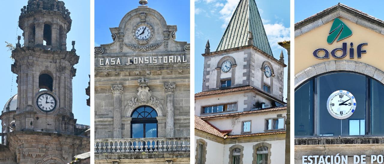 Los relojes públicos que coronan los edificios del santuario de A Peregrina, la Casa Consistorial, el Hospital Provincial y Vialia.