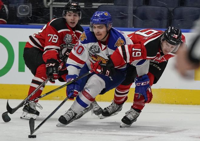 Adam Capannelli # 20 de los Moncton Wildcats y Jeremy Laframboise # 19 de los Quebec Remparts luchan por el puck durante su juego de hockey QMJHL en el Videotron Center.