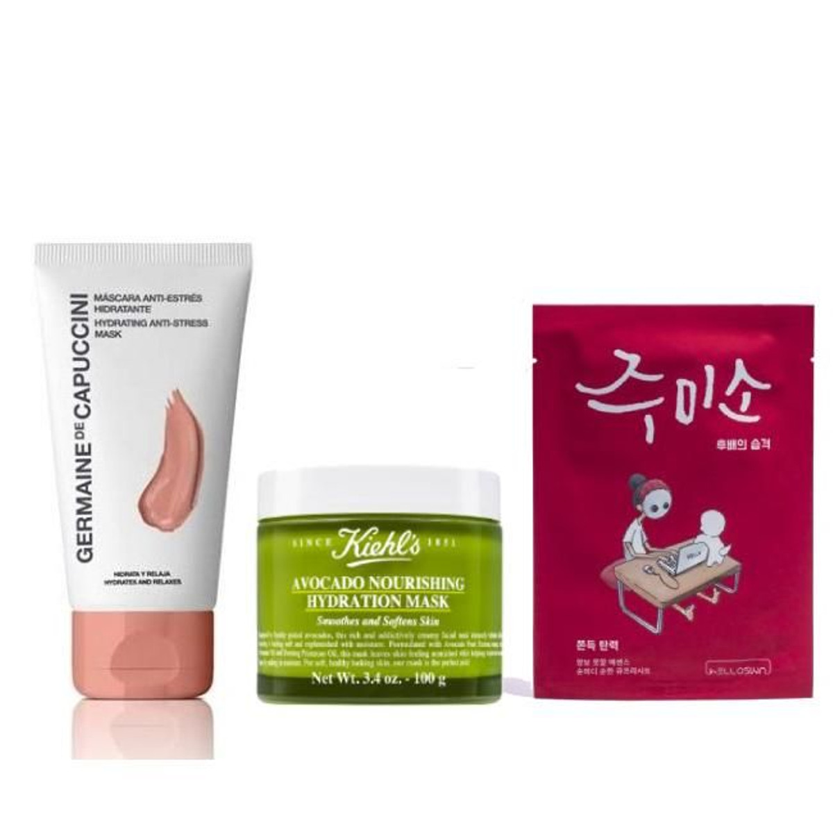 Custom Mask Anti-estrés Hidratante de Germaine de Capuccini (16,90 euros); con aguacate, Hydration Mask de Kiehl’s (22 euros); la Jumiso Chewy Mask (3,99 euros) se vende en Miin Cosmetics.