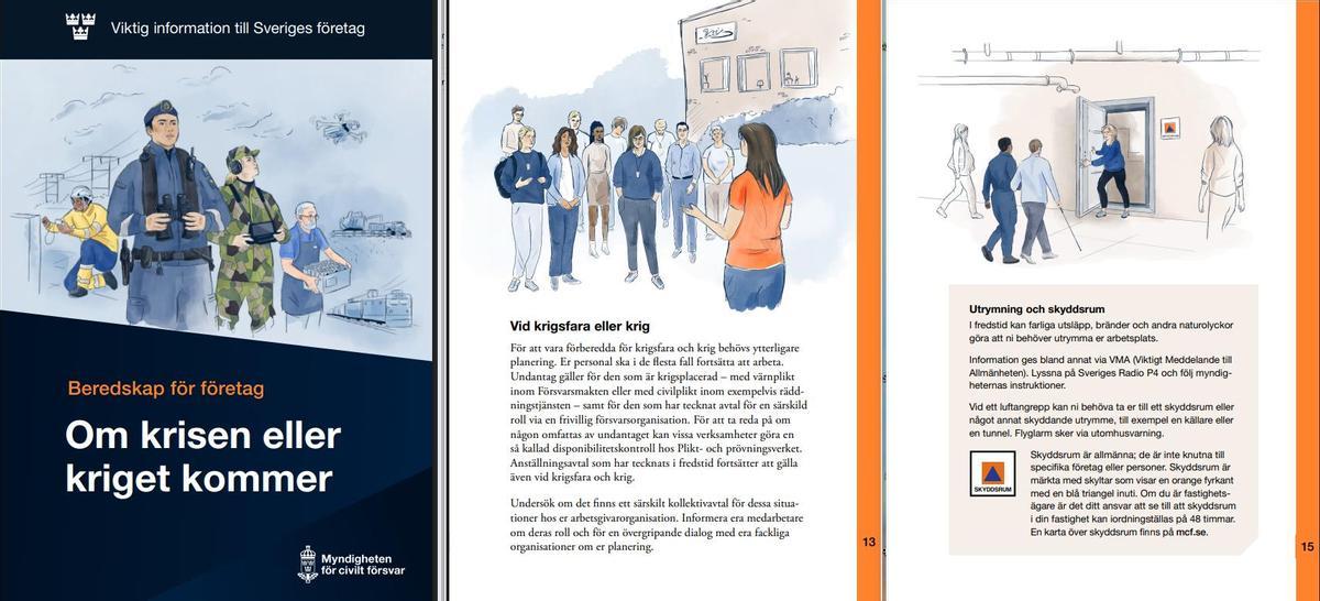 Tres páginas del folleto que el Gobierno de Suecia ha repartido a las empresas para que estén preparadas en caso de guerra