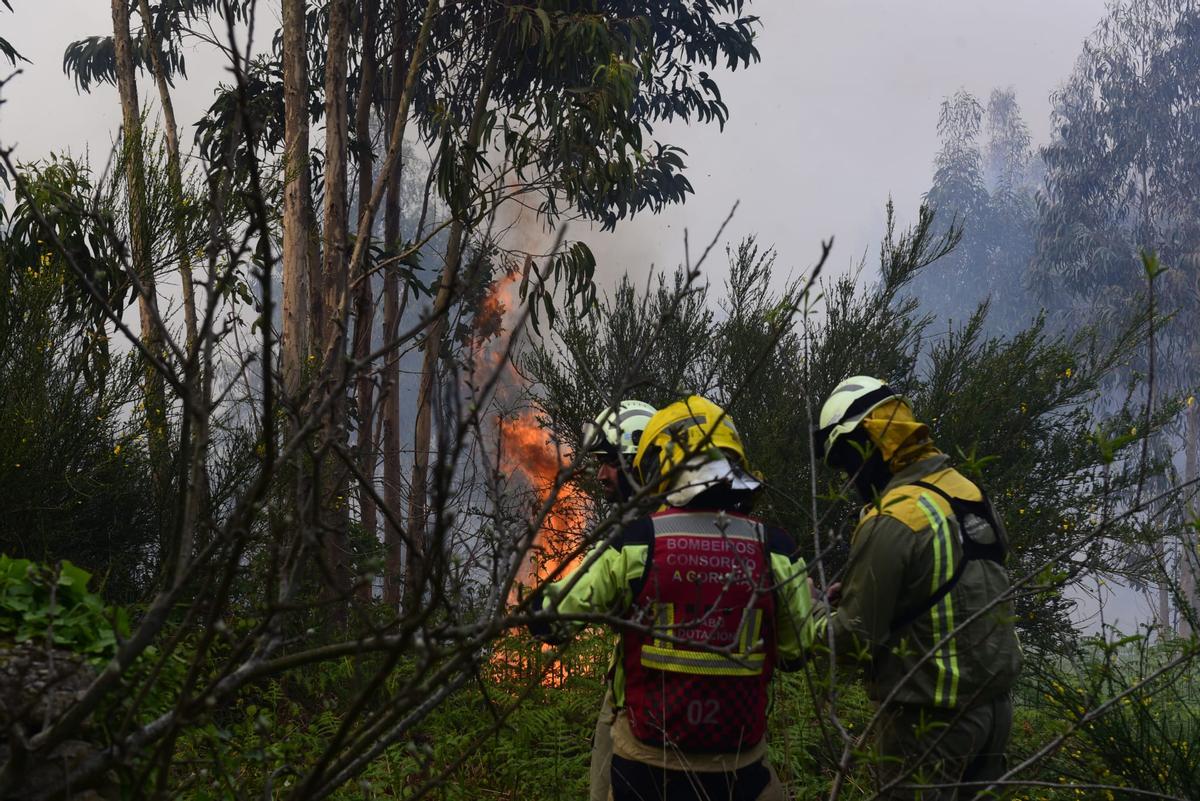 Efectivos antiincendios en las labores de extinción del incendio forestal declarado en Caión.