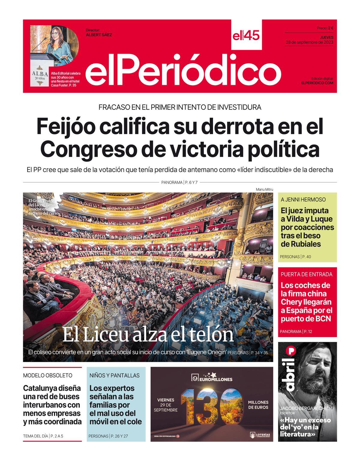 La portada de EL PERIÓDICO del 28 de septiembre de 2023 La portada de EL PERIÓDICO del 28 de septiembre de 2023