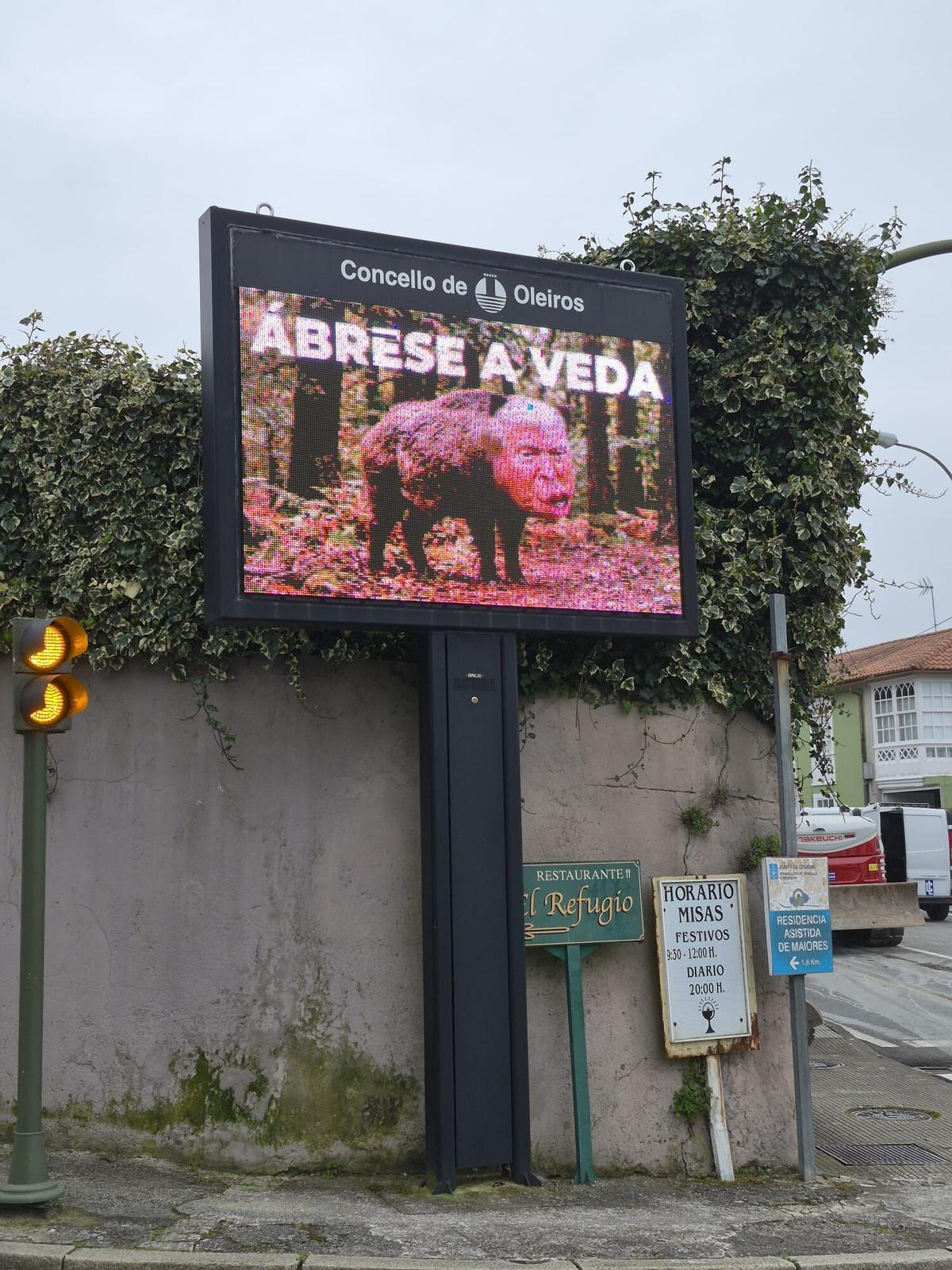 Pantallas de Oleiros comparando a Donald Trump con un jabalí