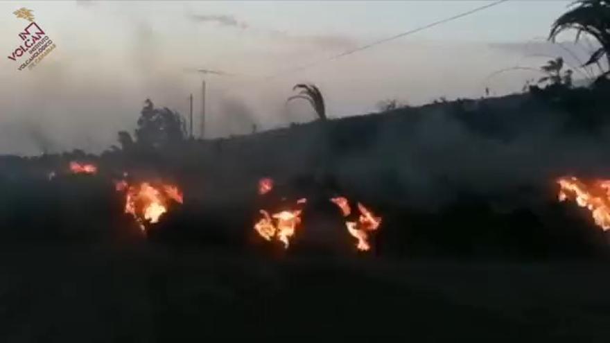 La lava del volcán de La Palma incendia una carretera.