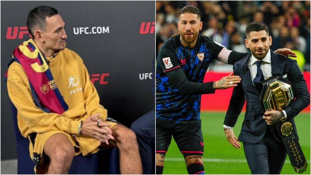 Max Holloway, con la camiseta del Barça al cuello, y Ilia Topuria junto a Sergio Ramos