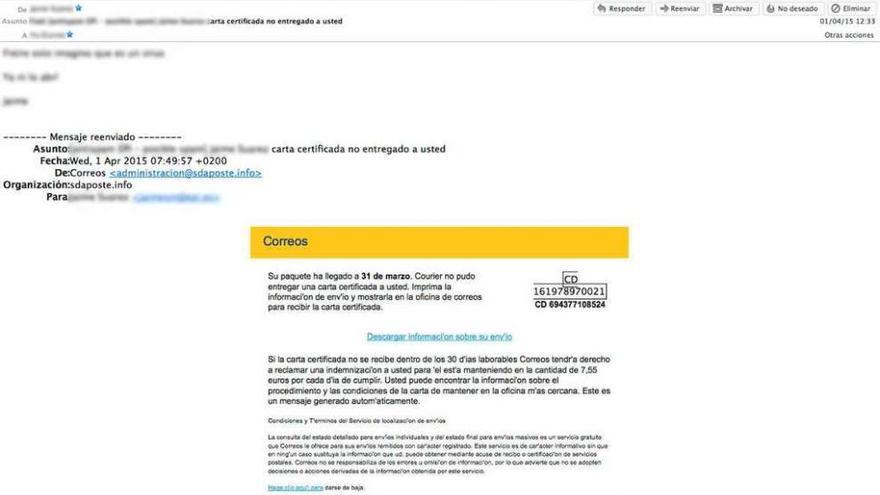 Programa malicioso sobre una supuesta notificación de Correos para recoger un paquete.