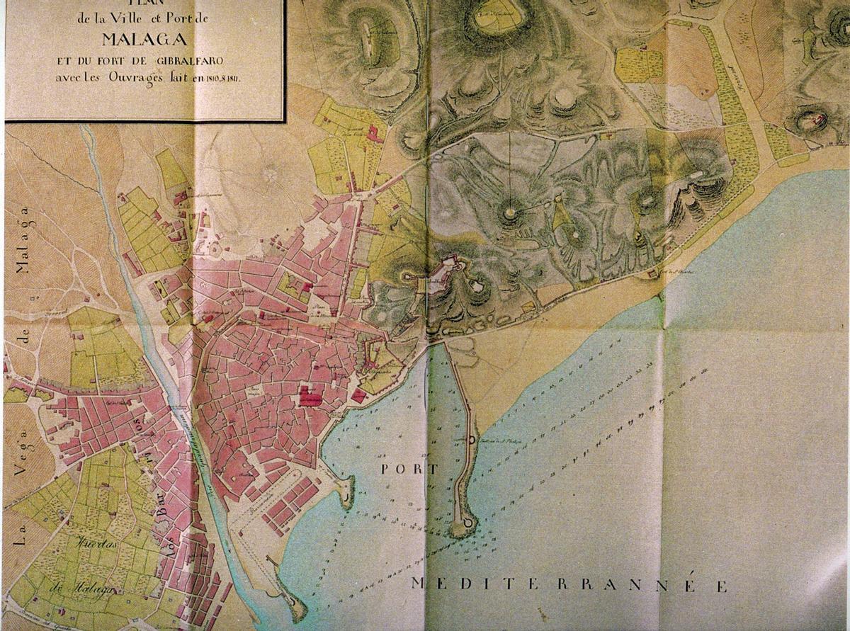 Plano francés de la ciudad de Málaga y su puerto durante la ocupación napoleónica (1810-1812).