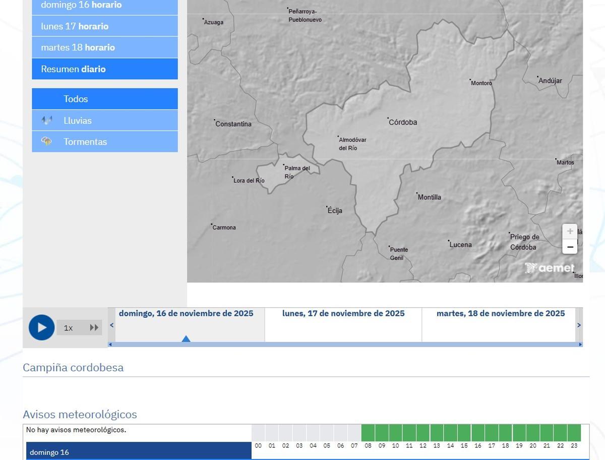 Córdoba ha amanecido este domingo, 16 de noviembre, sin avisos de la Aemet.