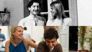 Los verdaderos Leonard Cohen y Marianne Ihlen, y debajo, sus equivalentes de ficción, encarnados por Thea Sofie Loch Næss y Alex Wolff