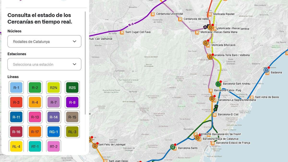 Mapa que muestra la circulación de trenes de Rodalies en tiempo real.