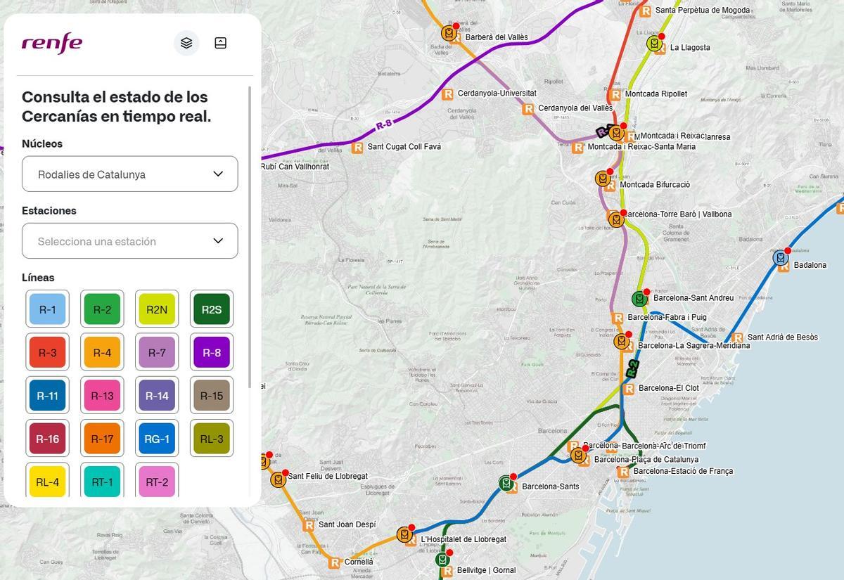 Mapa que muestra la circulación de trenes de Rodalies en tiempo real.