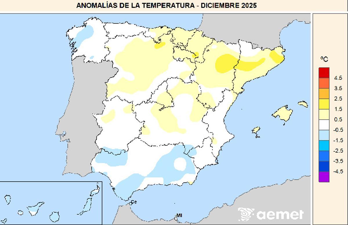Anomalías de las temperaturas medias en diciembre de 2025 respecto al período 1991-2020