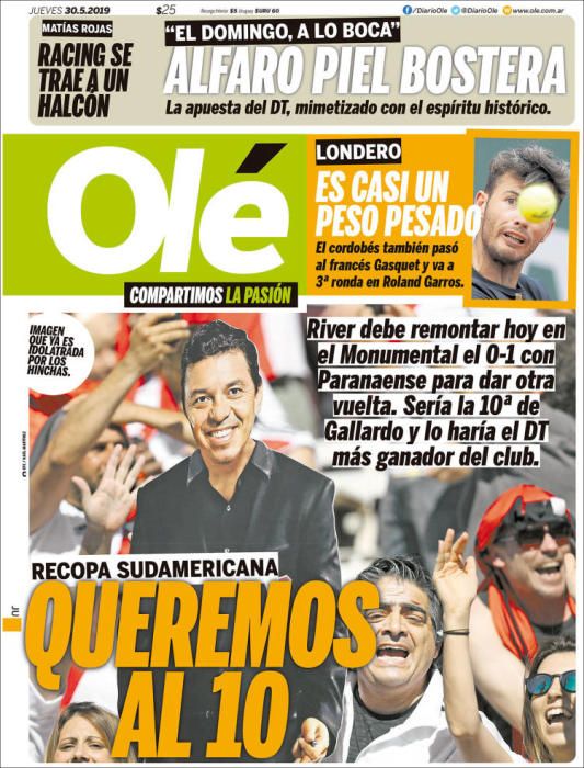 Portada OLÉ viernes 31 de mayo de 2019.