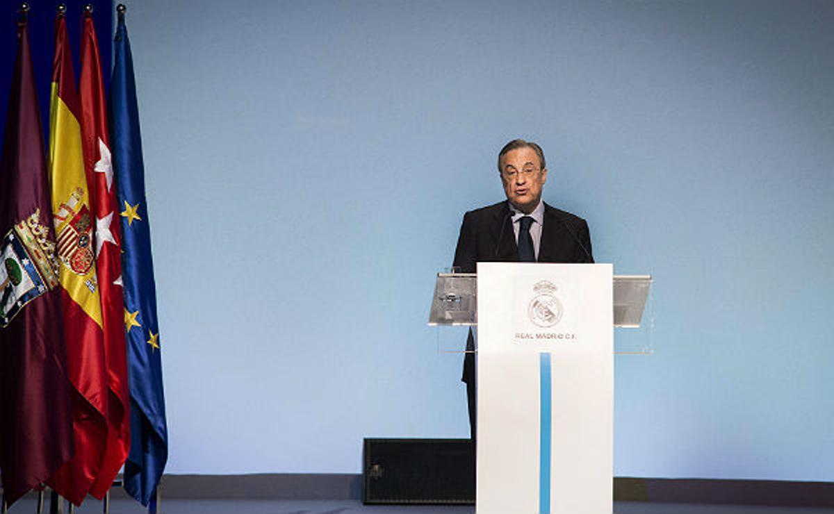 El president del Reial Madrid, Florentino Pérez, durant el seu discurs a l’Assemblea General de Socis del Reial Madrid.