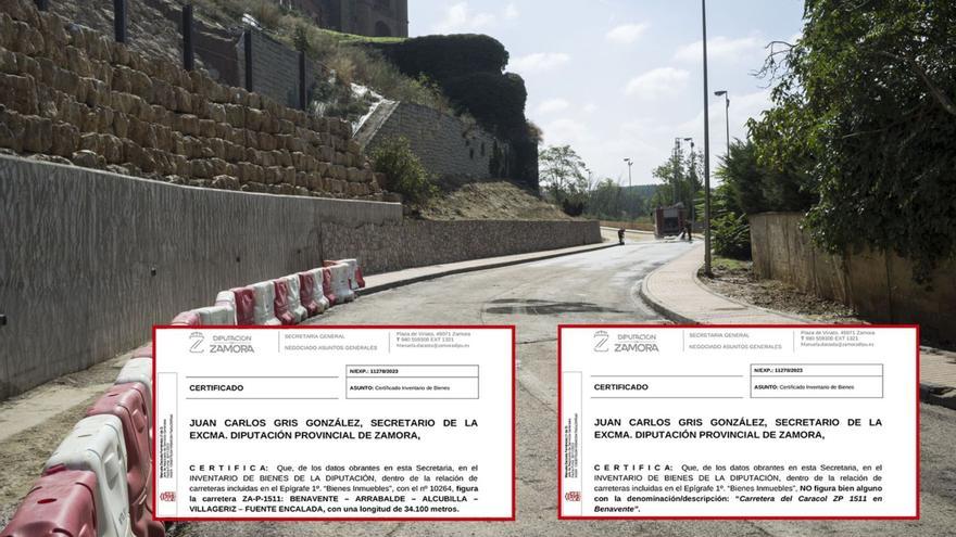 Imagen del tramo del Caracol de la carretera Benavente-Alcubilla en septiembre de 2014, el día que se abrió al tráfico tras más de un año de obras por el desplome de la pasarela y de los cuestos de la Mota. Sobre estas líneas las certificaciones de la Diputación en noviembre.