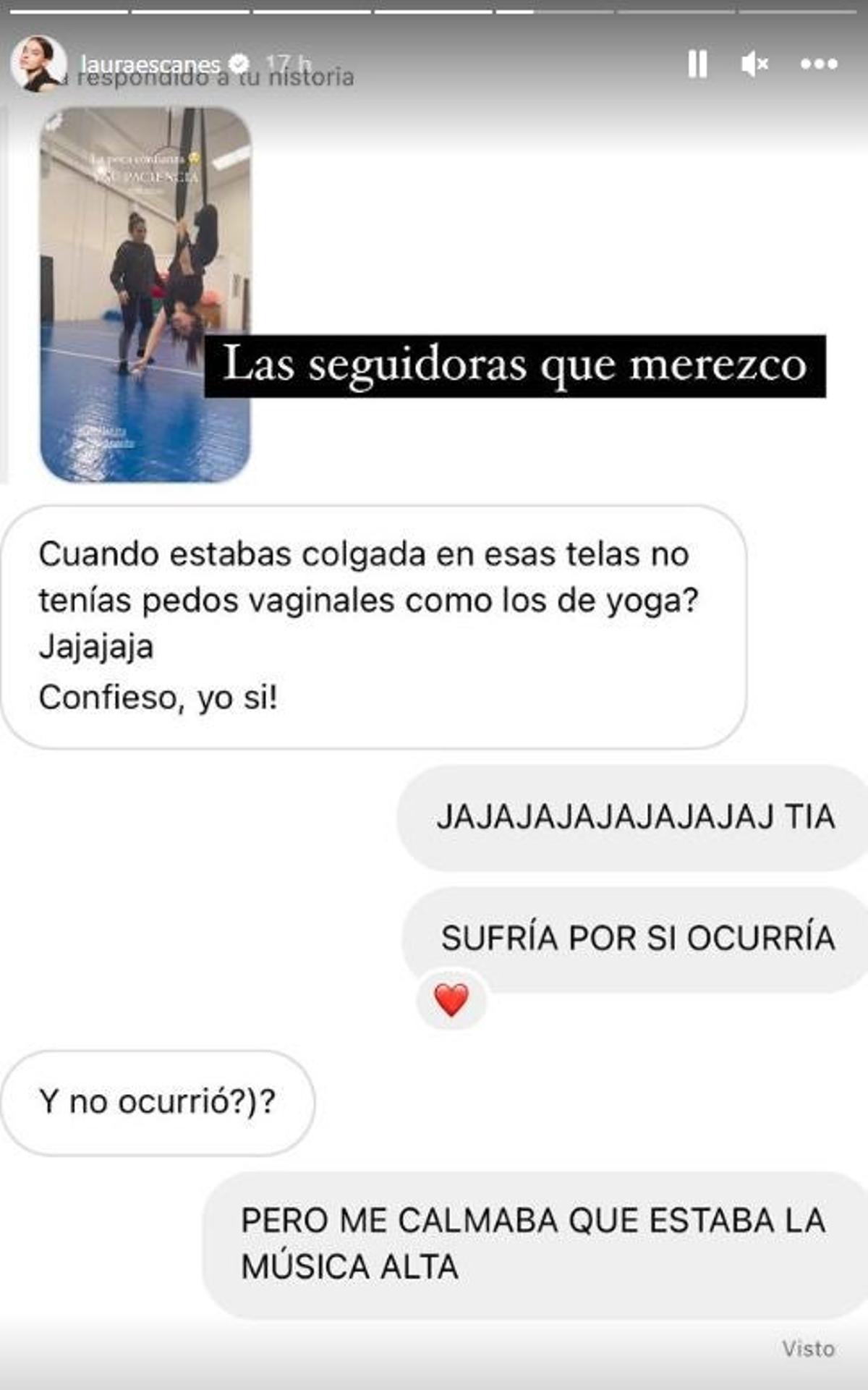 Captura de la conversación entre Laura Escanes y una seguidora sobre pedos vaginales, en relación a unas pruebas para el programa de 'El Desafío'.