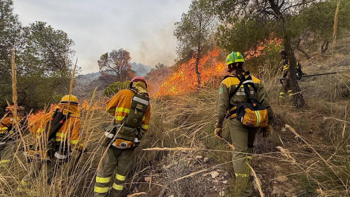 Los bomberos forestales luchan contra el fuego en los montes de la Región de Murcia.