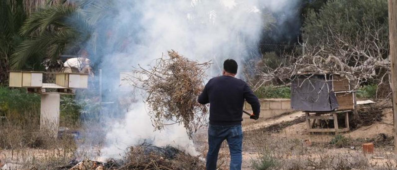 Un particular quemando rastrojos y restos vegetales en una finca de Elche el año pasado. | ÁXEL ÁLVAREZ