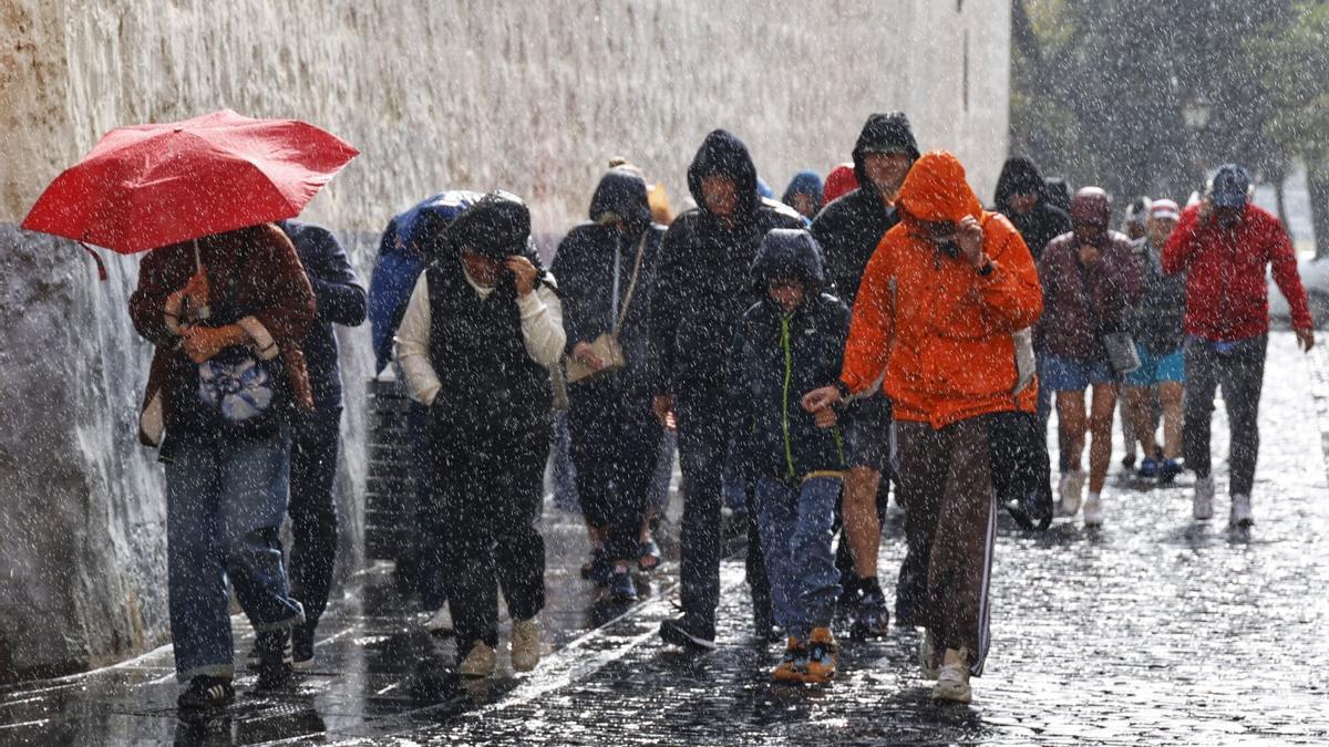 Personas caminando bajo la lluvia.