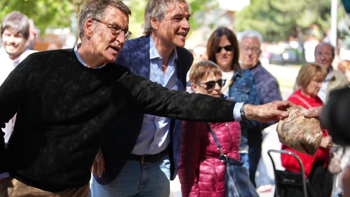 Alberto Núñez Feijóo compra en un puesto de un mercadillo de Alcorcón, este martes, junto al candidato del PP en esa ciudad de Madrid, Antonio García Terol.