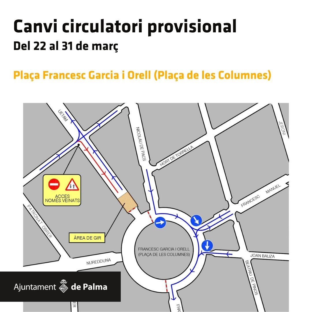 Cambio circulatorio provisional desde mañana hasta el 31 de marzo en la plaza de las columnas.