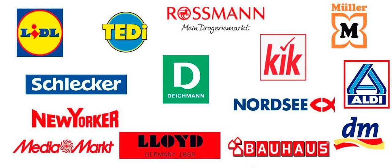 Die Logos der deutschen Handelsketten, die schon auf der Insel vertreten sind, es einmal waren oder womöglich bald sind.