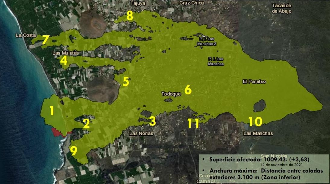 Datos diarios de la superficie afectada por la lava del volcán de La Palma.