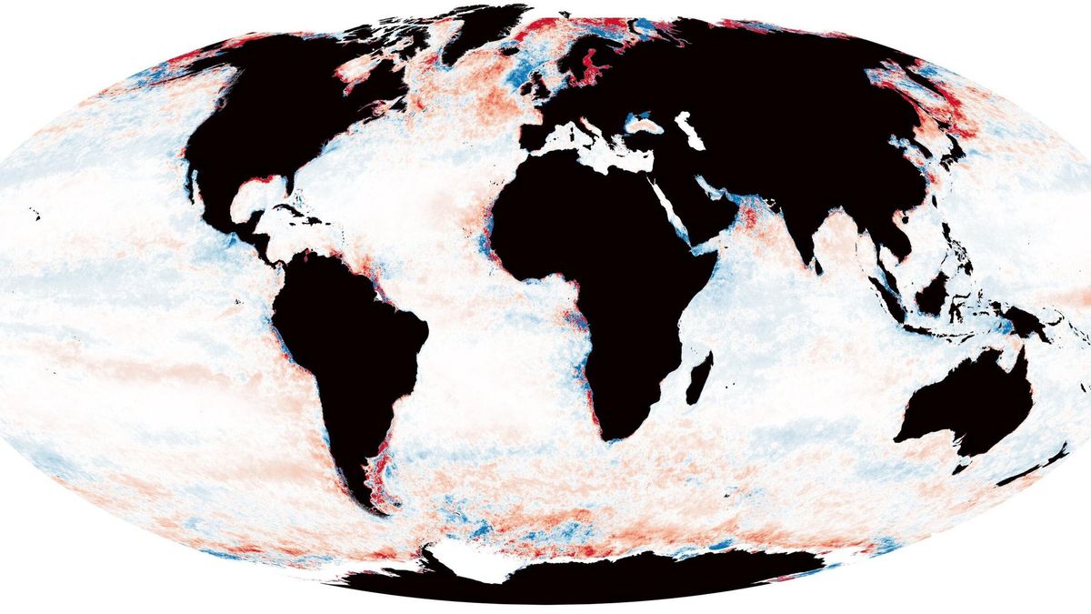 Los tonos rojos son las zonas donde se oscurece el mar, y los azules son los que se aclaran