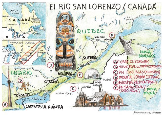 Mapa ilustrado del río San Lorenzo, Canadá.