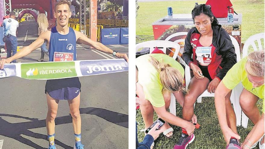 Carlos Gazapo y Mercedes Pila, ayudada por unas voluntarias al final de la prueba de 100 kilómetros.