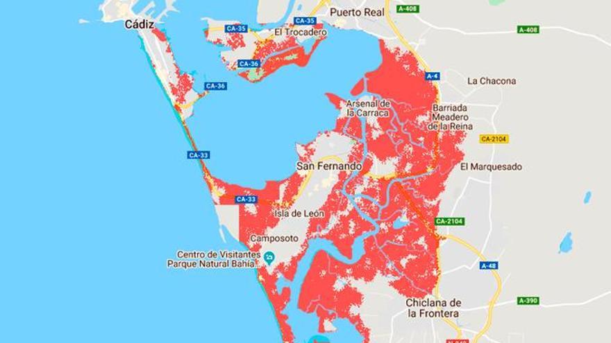 Zonas en riesgo en la ciudad de Cádiz y alrededores. / El Correo