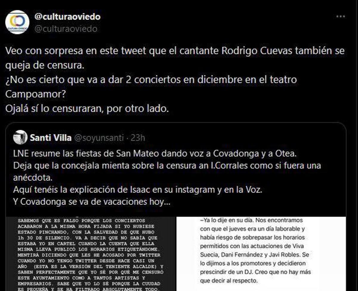 Captura de pantalla del tuit de Cultura Oviedo en el que se pedía censurar a Rodrigo Cuevas.