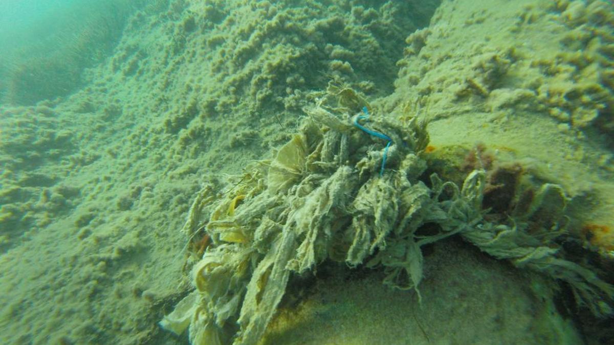 Acumulación de toallitas y restos plásticos en una junta del emisario submarino.